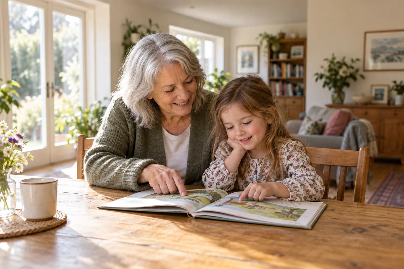 A grandmother and granddaughter enjoy a picture book together.