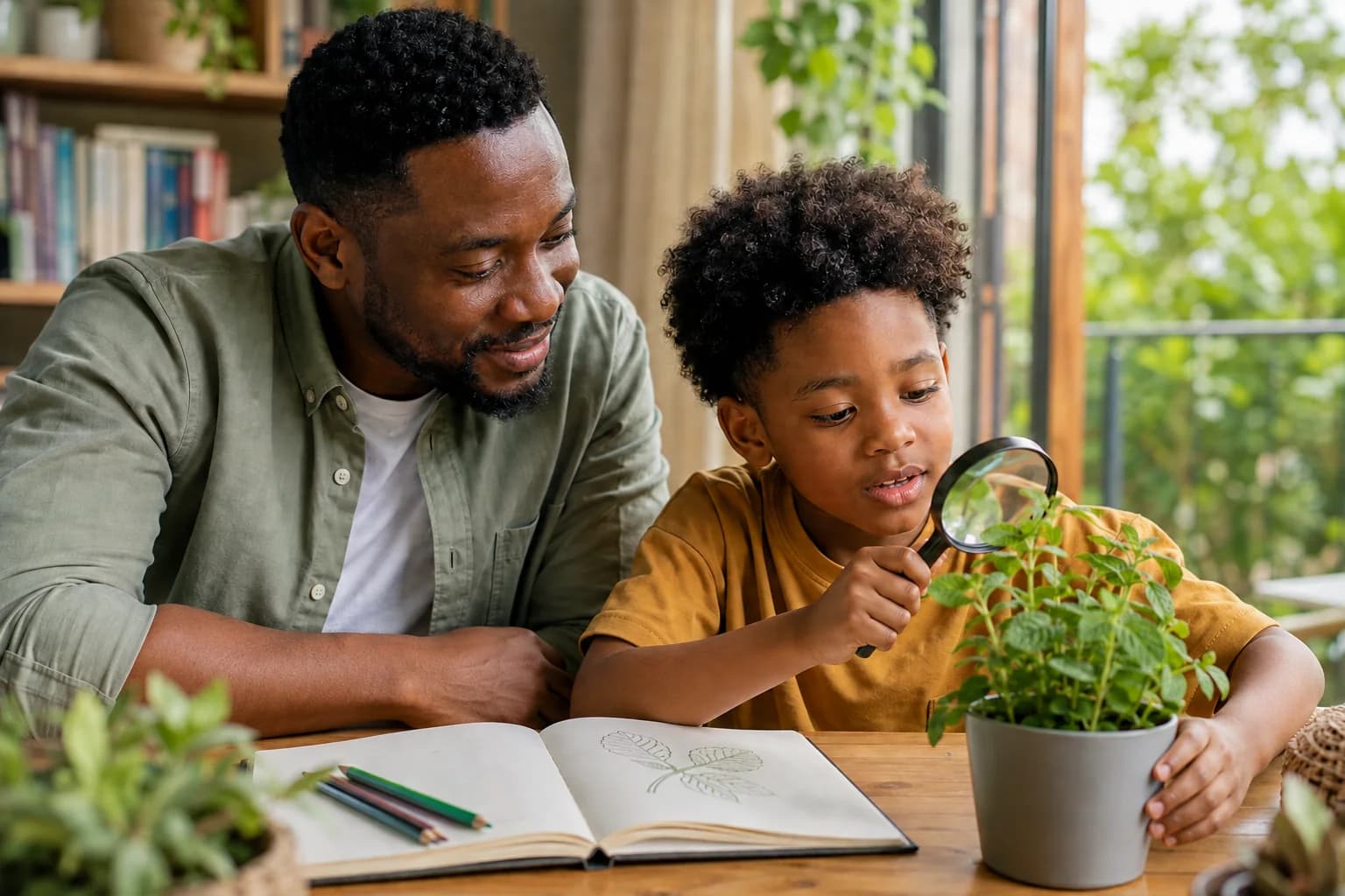 A father and son examine a plant together with a magnifying glass.