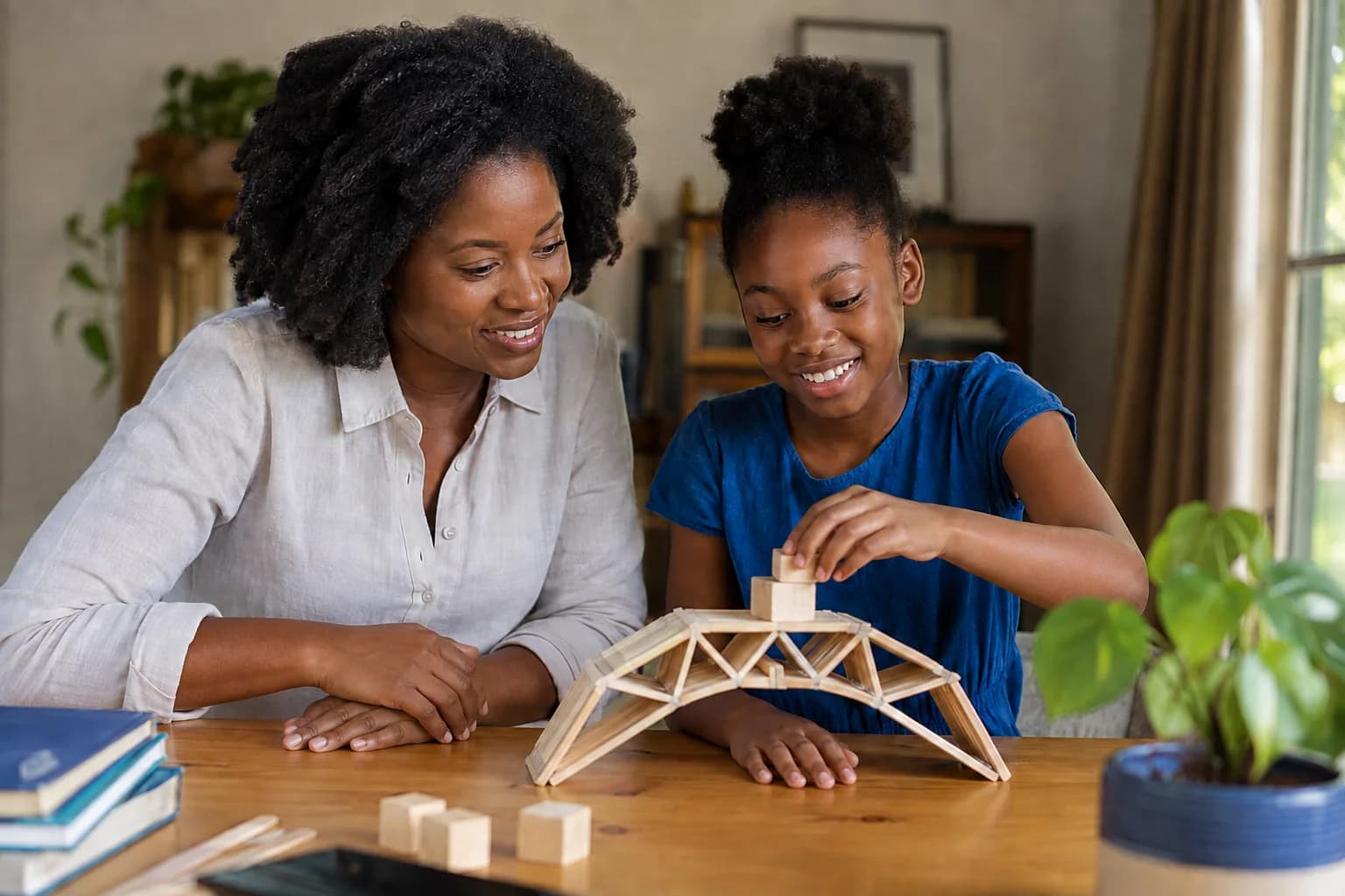A girl explores a wooden bridge with her mother.